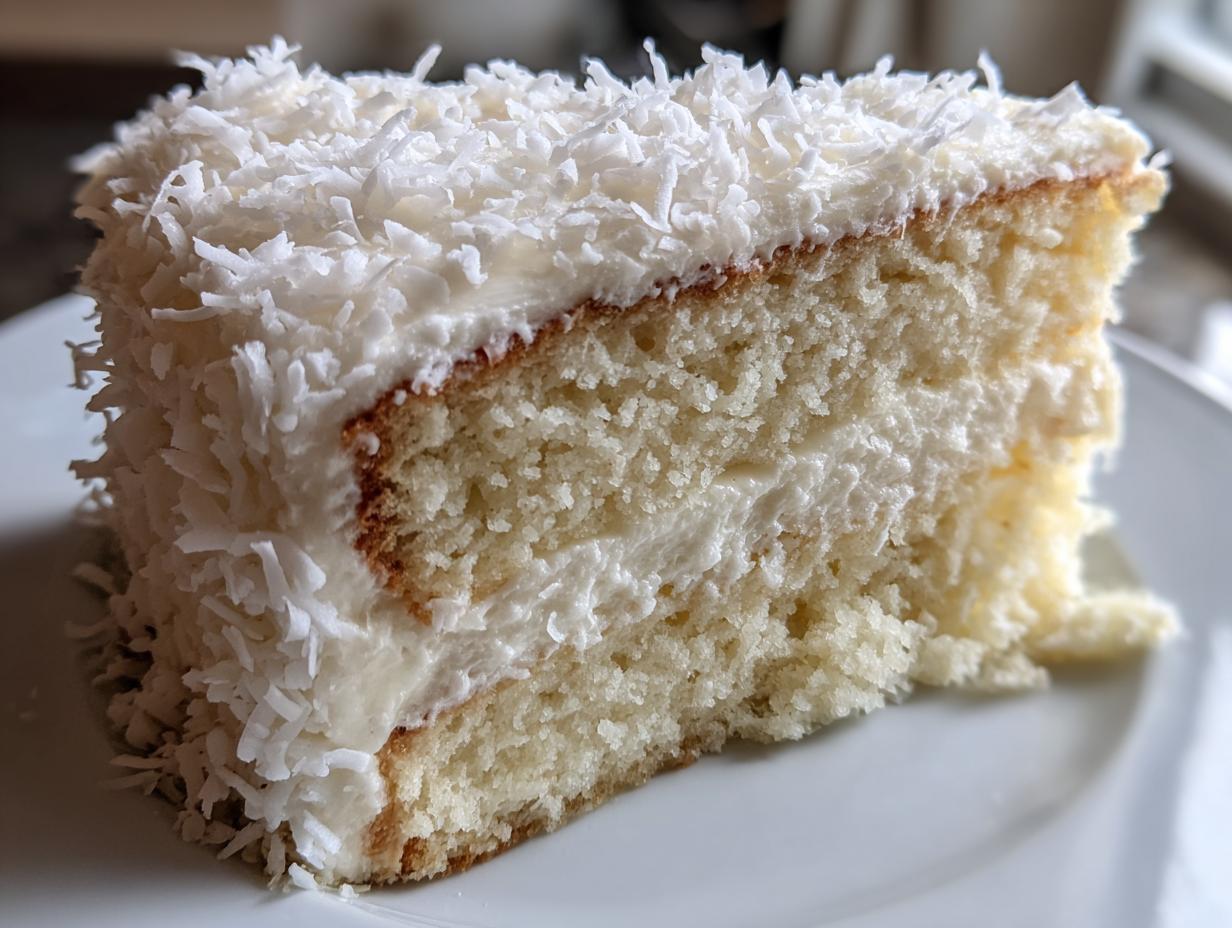 Close-up of a moist slice of coconut cake layered with white frosting and covered in shredded coconut.