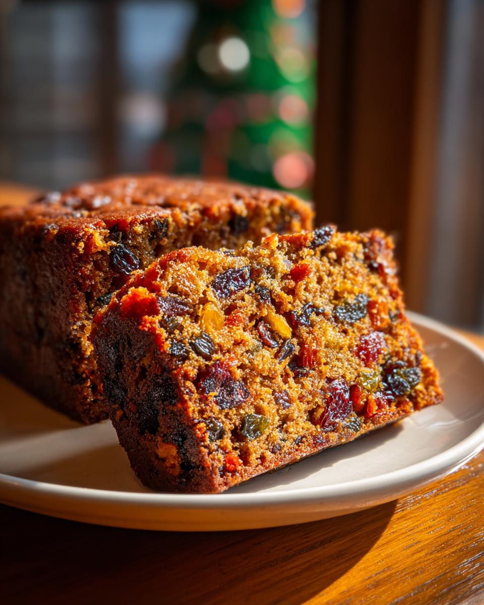 Close-up of a rich, dense slice of fruit cake, packed with dried fruits, sitting on a light plate.