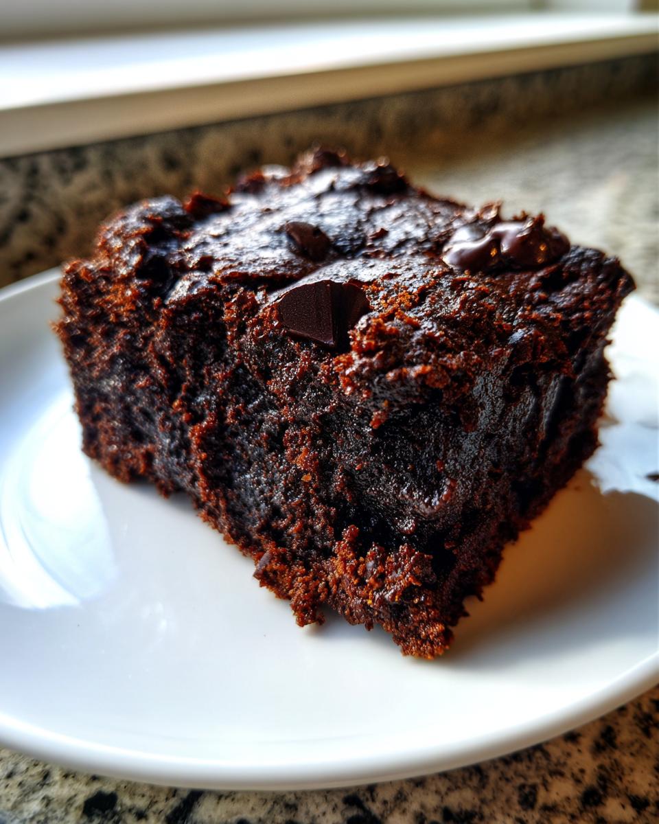 Close-up of a rich, dark square of sweet potato brownies topped with melted chocolate chips on a white plate.