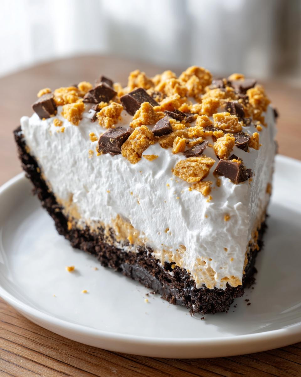 A close-up slice of no-bake butterfinger pie featuring a dark crust, peanut butter filling, whipped topping, and crushed candy.