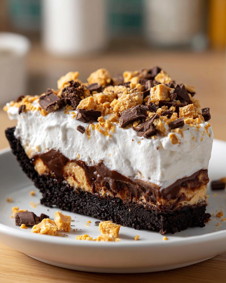 A tall slice of no-bake butterfinger pie showing a dark crust, peanut butter layer, chocolate, and whipped cream topping.