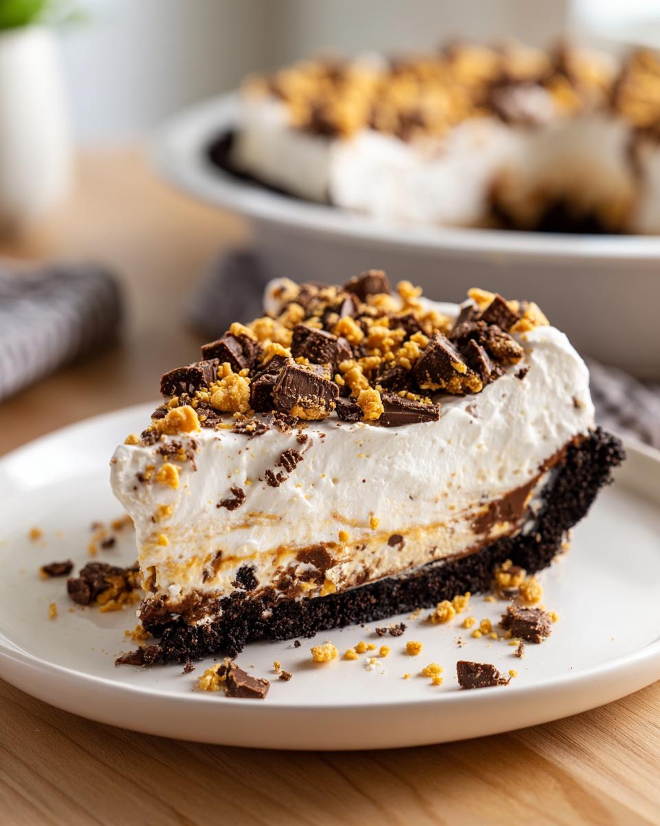 A generous slice of no-bake butterfinger pie featuring a dark crust, creamy filling, and topped with whipped cream and chopped Butterfinger pieces.