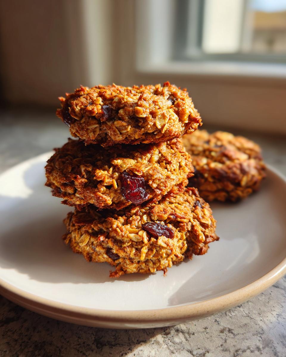 Three stacked, golden-brown oatmeal breakfast cookie treats featuring visible dried cranberries, set on a light plate.