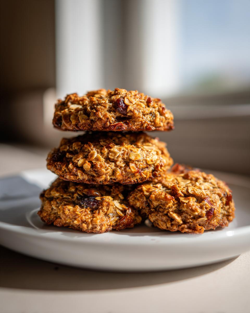 Close-up of four golden brown, textured breakfast cookie stacked on a white plate.