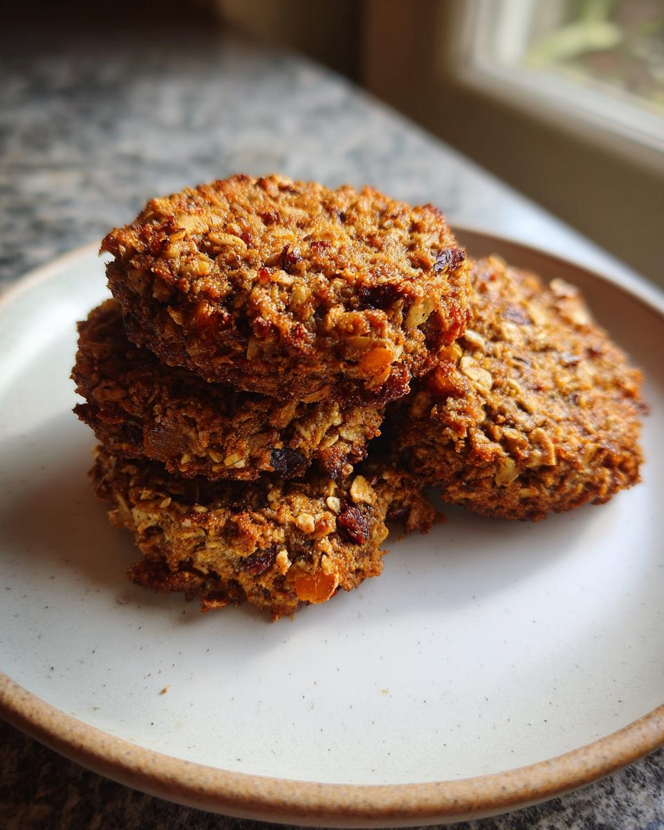 A stack of four textured, golden-brown breakfast cookie made with oats and dried fruit resting on a light speckled plate.