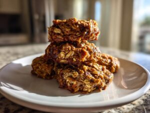 Close-up of a stack of four chewy oatmeal breakfast cookie on a white plate in bright sunlight.