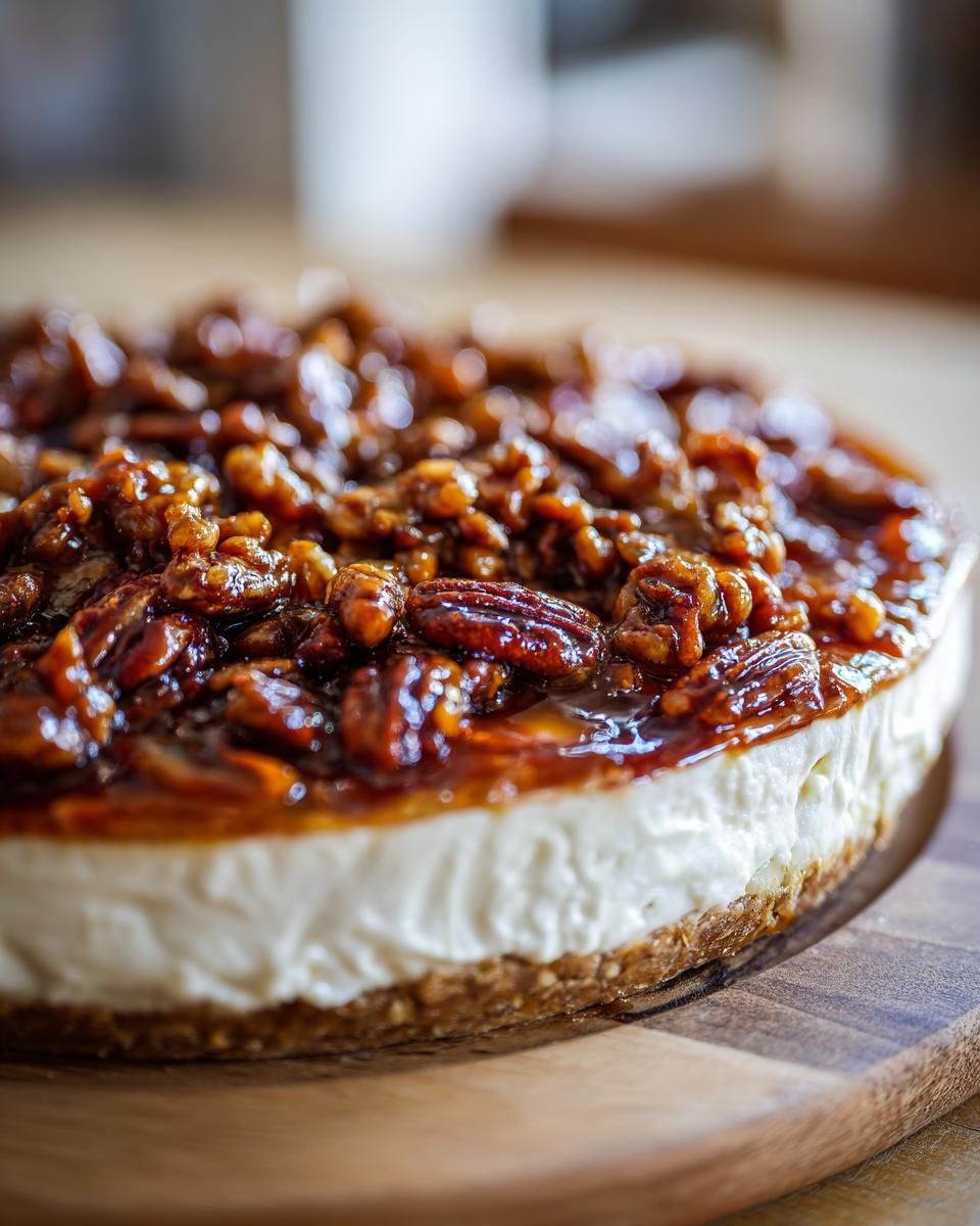 Close-up of a creamy dessert topped with glossy, caramelized pecans, resembling a pecan pie dip topping.