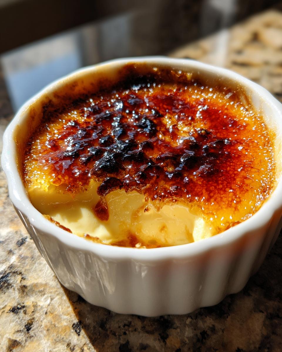Close-up of a single serving of creme brulee with a perfectly caramelized, cracked sugar top.