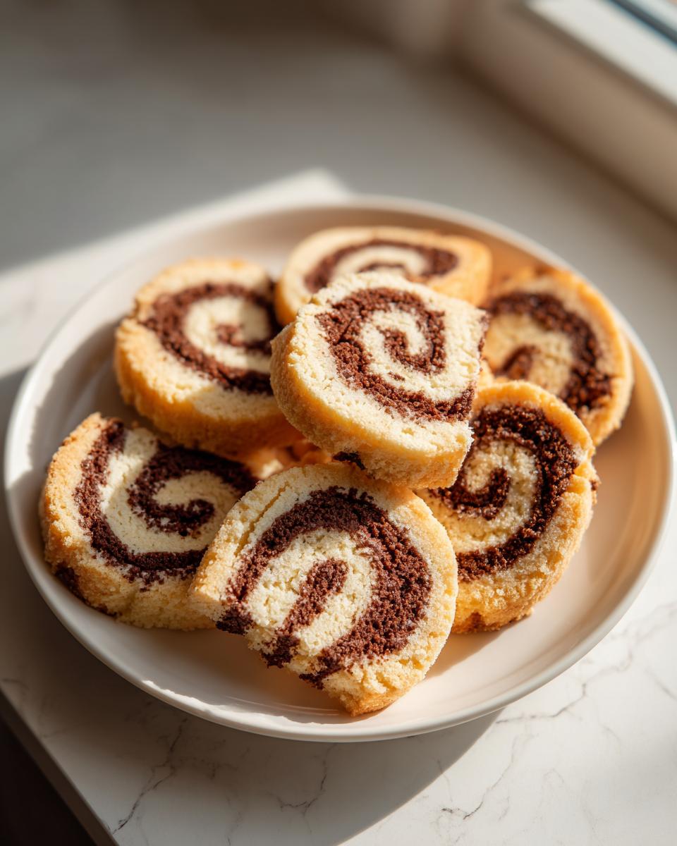 A plate of freshly baked pinwheel cookies showing beautiful vanilla and chocolate swirls.