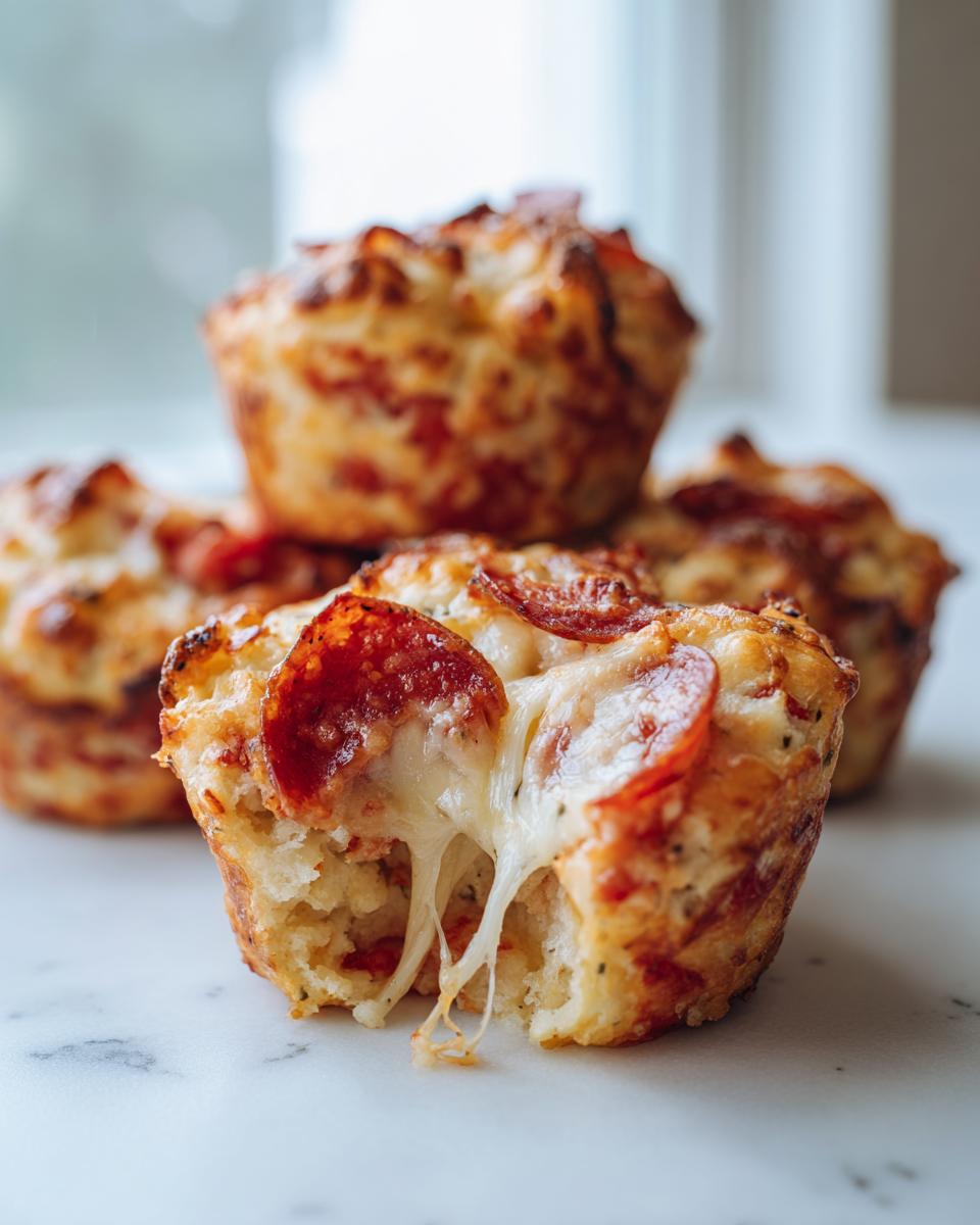 A close-up of one of the pizza muffins broken open, showing a dramatic cheese pull and pepperoni topping.