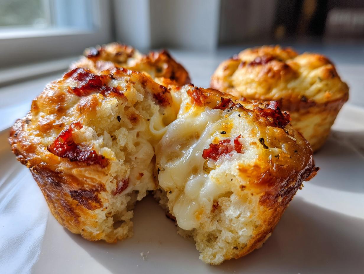 Close-up of a pizza muffin pulled apart showing melted cheese stretching and bits of pepperoni inside the fluffy bread.