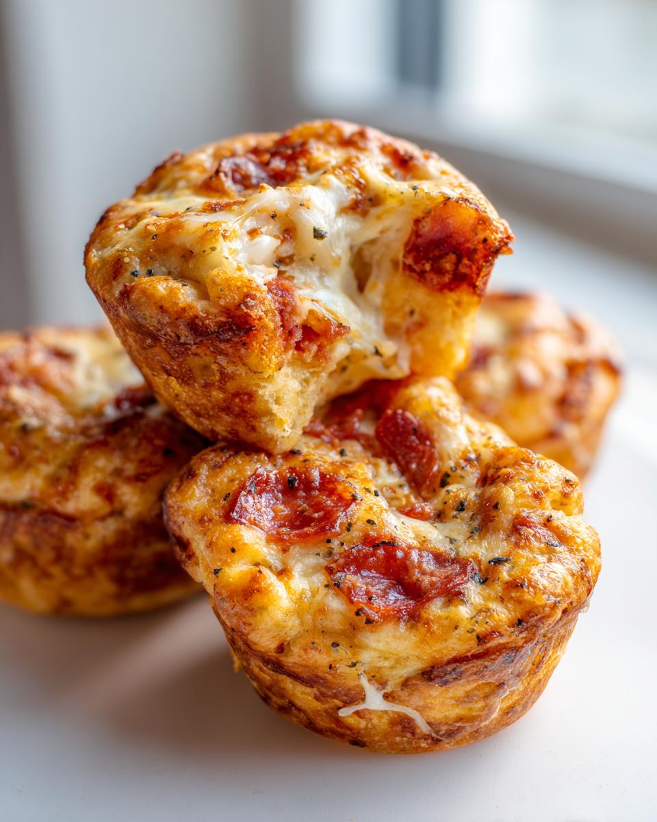 A stack of golden-brown pizza muffins topped with melted cheese and pepperoni, one muffin is broken open showing the cheesy interior.