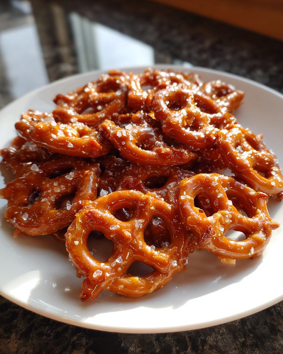 A close-up of crunchy pretzels coated in glossy toffee and sprinkled with coarse sea salt, ready to eat.