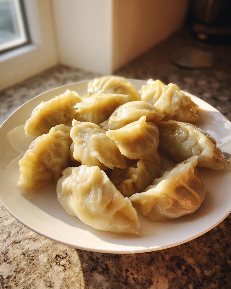 A plate piled high with freshly steamed Traditional Chinese Dumplings catching warm sunlight.