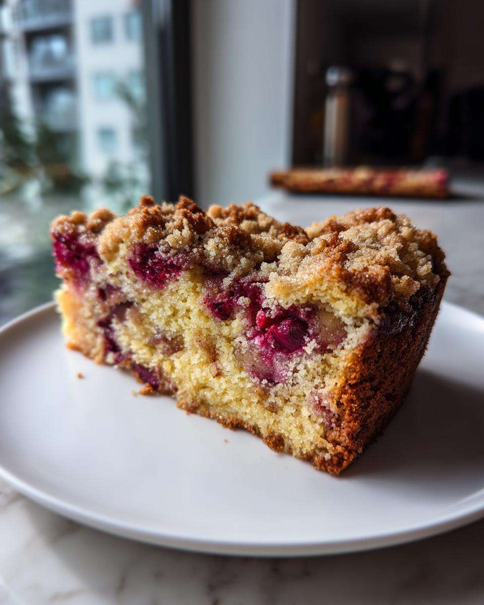 A close-up of a moist slice of plum cake with a crumb topping, featuring visible pieces of purple fruit.