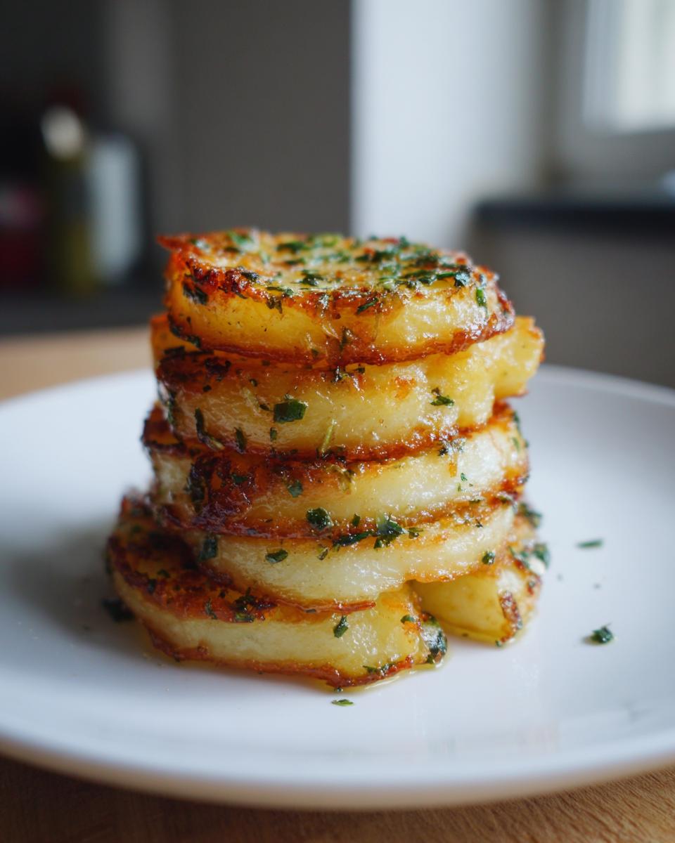 A vertical stack of five golden-brown potato slices brushed with garlic herb butter and parsley.