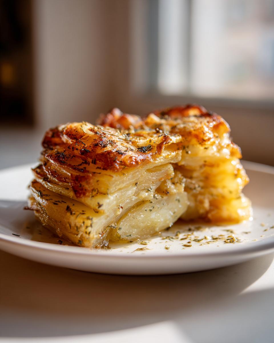 Two golden brown potato stacks with garlic herb butter served on a white plate.