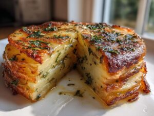 A golden-brown, perfectly cooked serving of potato stacks with garlic herb butter, sliced in half to show the layers.
