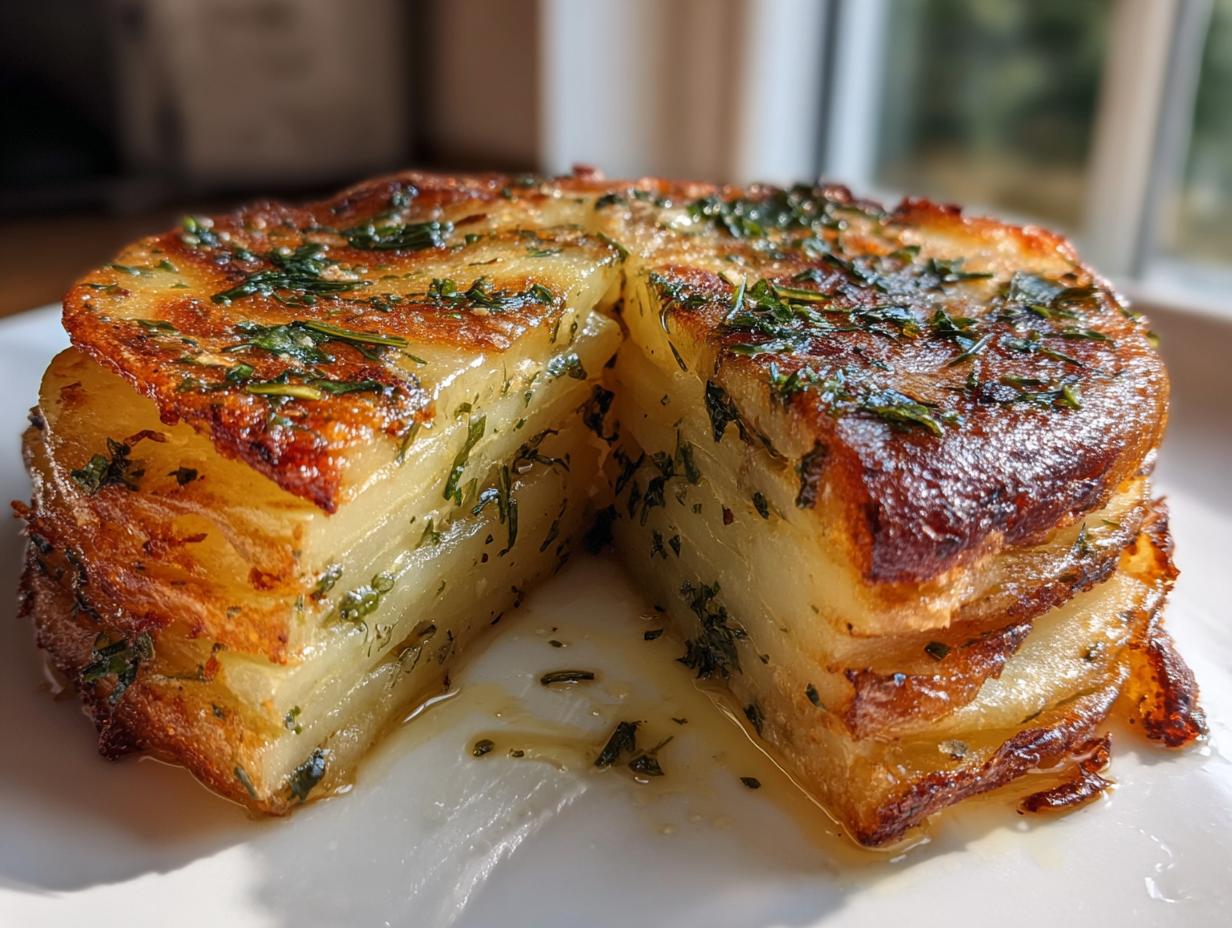 A golden-brown, perfectly cooked serving of potato stacks with garlic herb butter, sliced in half to show the layers.