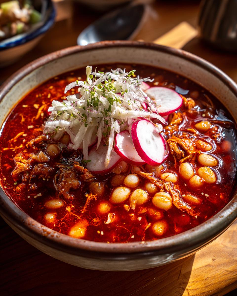 Close-up of a steaming bowl of Pozole rojo, featuring hominy, shredded meat, and topped with radishes and shredded cabbage.