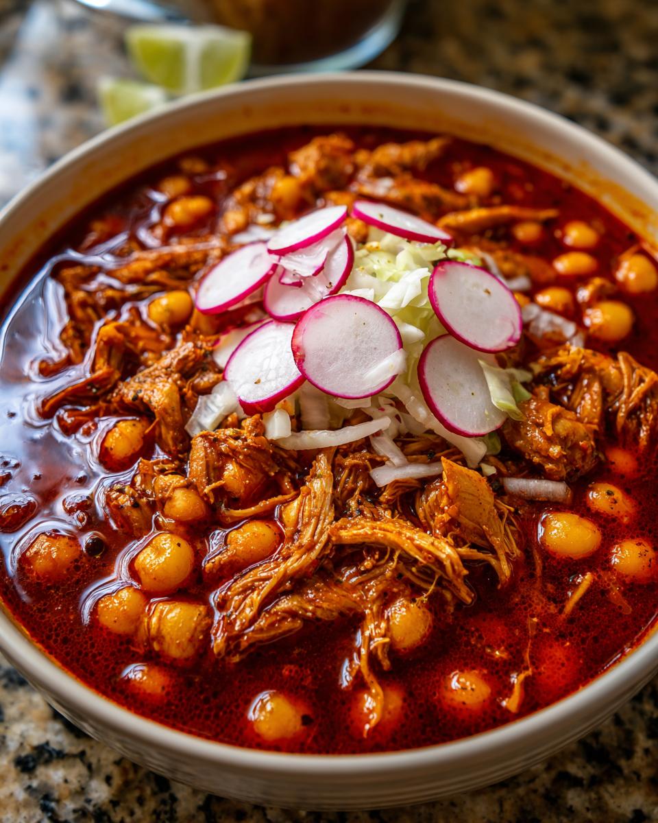 Close-up of a steaming bowl of Pozole rojo, featuring shredded meat, hominy, and topped with shredded cabbage and sliced radishes.