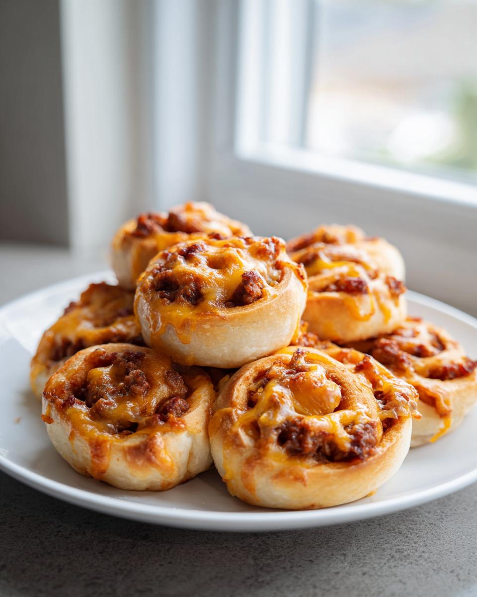A stack of freshly baked sausage pinwheels topped with melted orange cheddar cheese on a white plate.