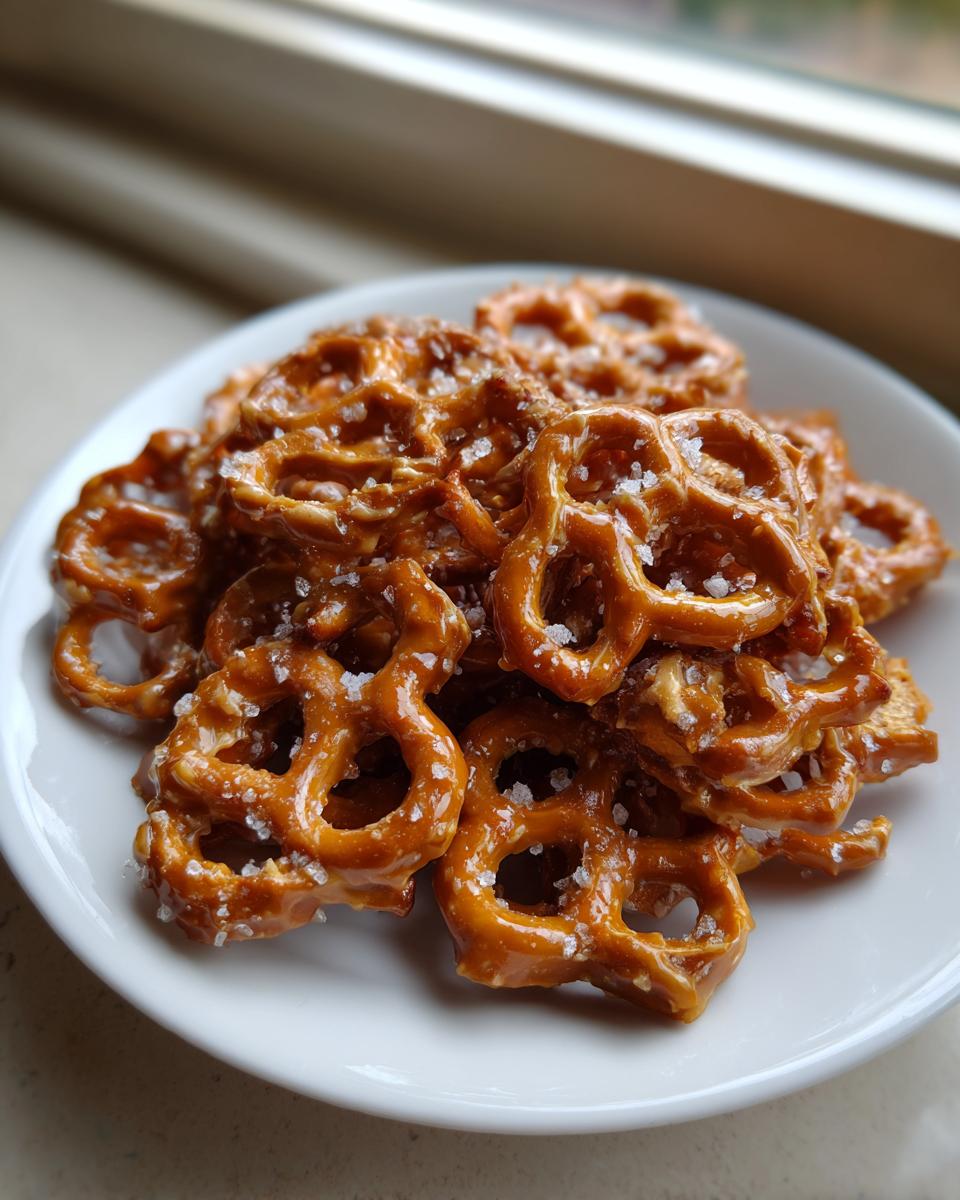 A close-up of a pile of shiny, caramel-coated toffee pretzels sprinkled with coarse sea salt.