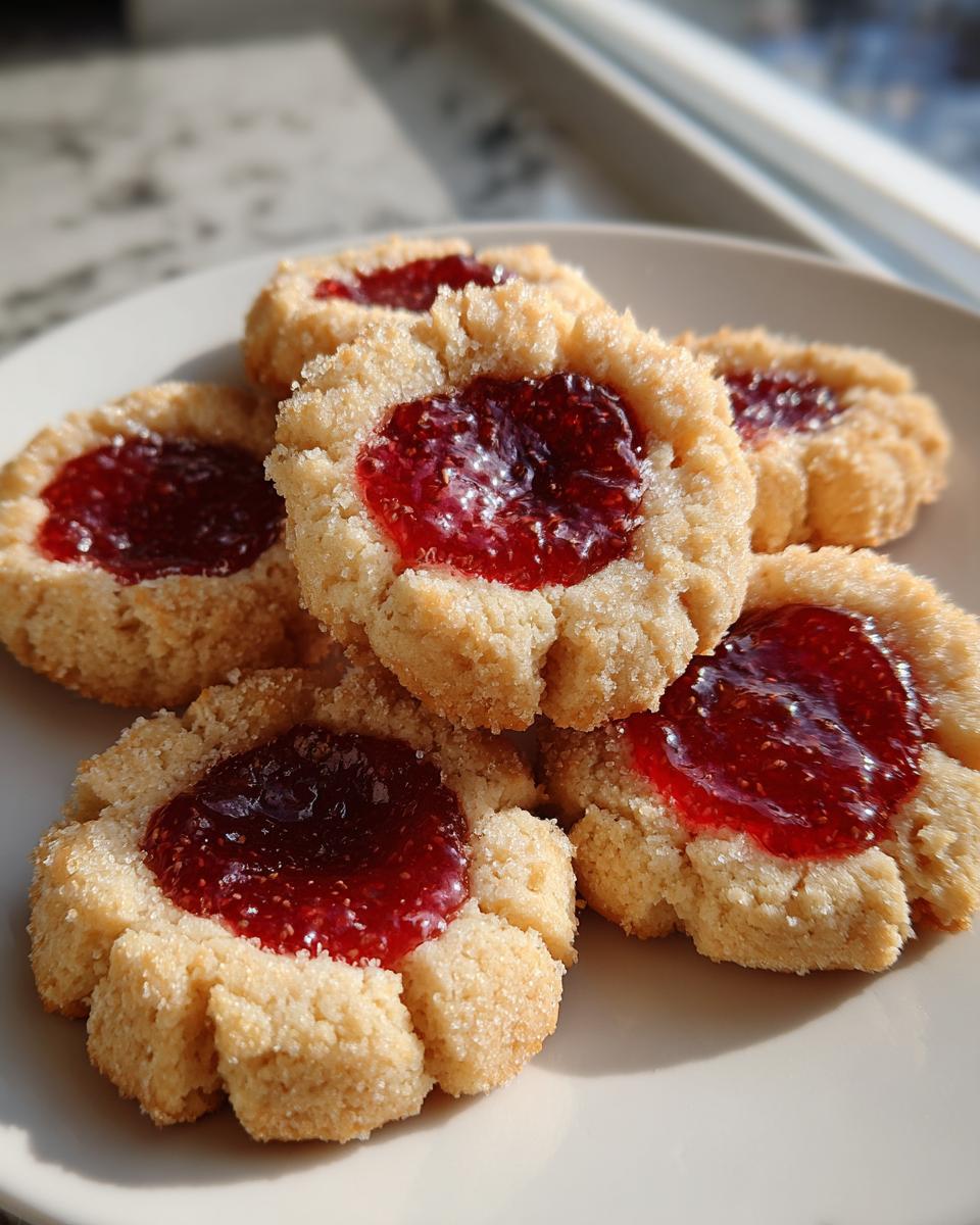 A small pile of golden, sugary thumbprint cookies filled with bright red raspberry jam, sitting on a light plate.
