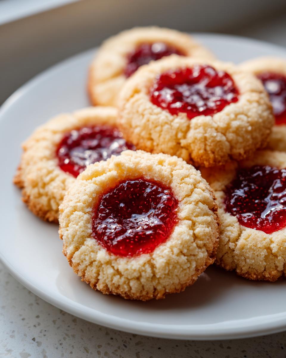 A close-up of several golden, textured thumbprint cookies filled with bright red raspberry jam on a white plate.
