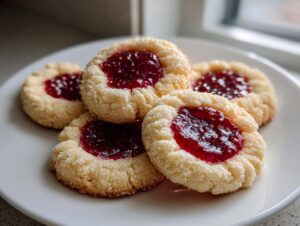 Four delicious raspberry thumbprint cookies with sugared edges resting on a white plate near a window.