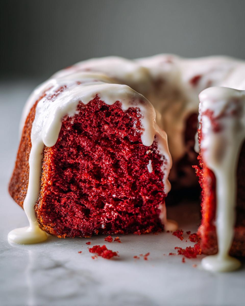 A rich, deep red slice cut from a red velvet bundt cake, dripping with white cream cheese glaze.