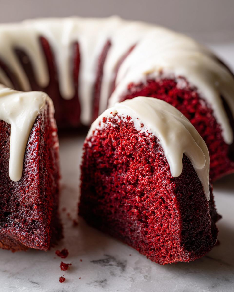 A close-up view of a vibrant red velvet bundt cake with a thick white glaze dripping down the sides, showing two slices cut out.