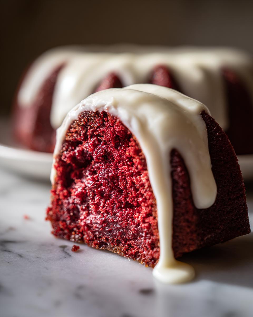 Close-up of a vibrant slice of red velvet bundt cake with thick white glaze dripping down the side.