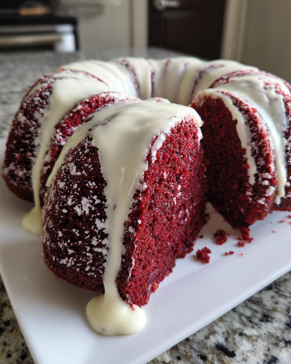 A slice cut from a vibrant red velvet bundt cake, generously drizzled with white cream cheese glaze.