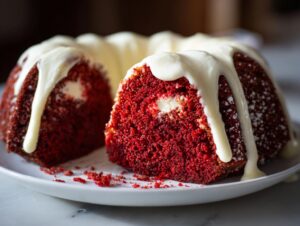 A slice cut from a vibrant red velvet bundt cake topped with thick white cream cheese glaze.