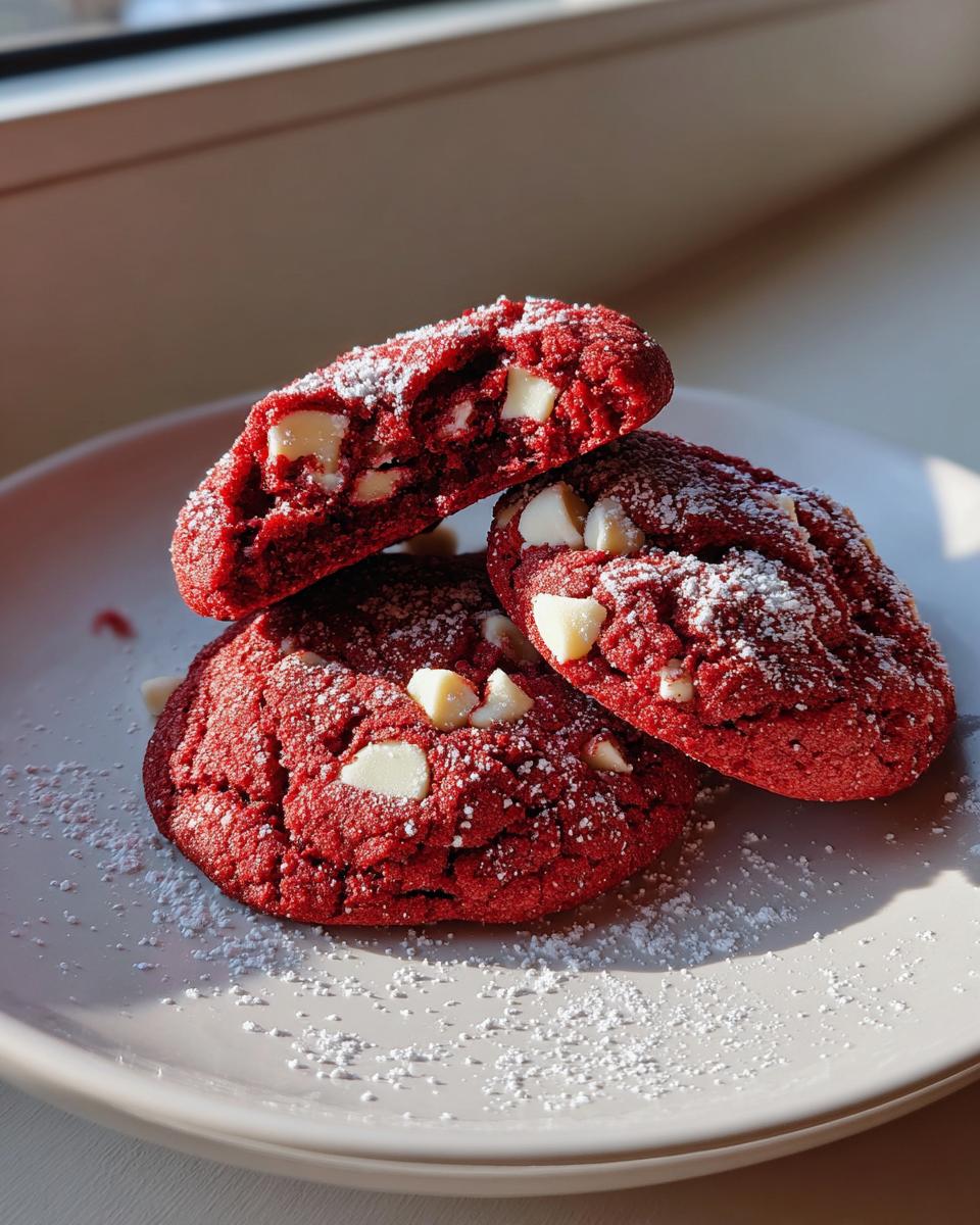 Three vibrant red velvet cake mix cookies piled on a plate, dusted with powdered sugar and studded with white chocolate chips.