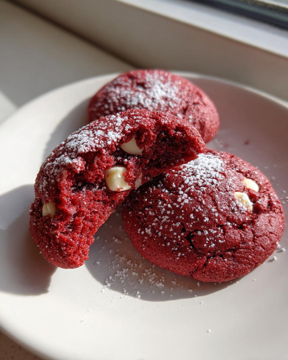 Three soft red velvet cake mix cookies dusted with powdered sugar, one broken open showing white chocolate chips.