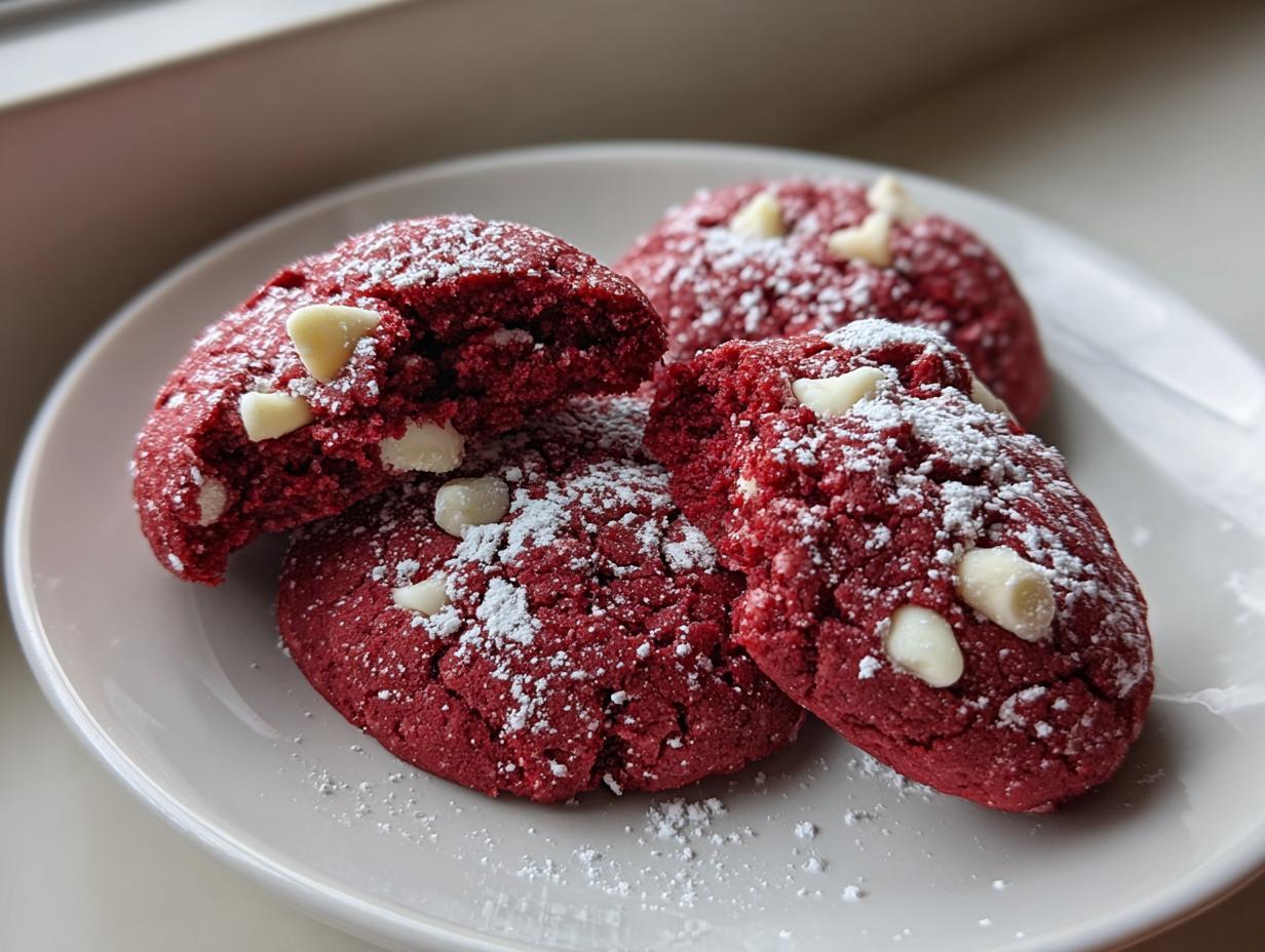 Four soft red velvet cake mix cookies dusted with powdered sugar and studded with white chocolate chips on a white plate.