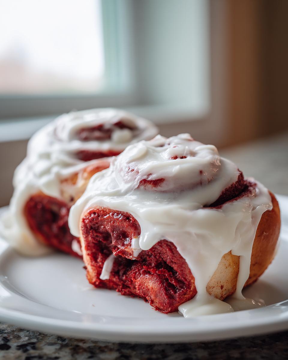Two decadent red velvet cinnamon rolls covered in thick white cream cheese frosting, served on a white plate.