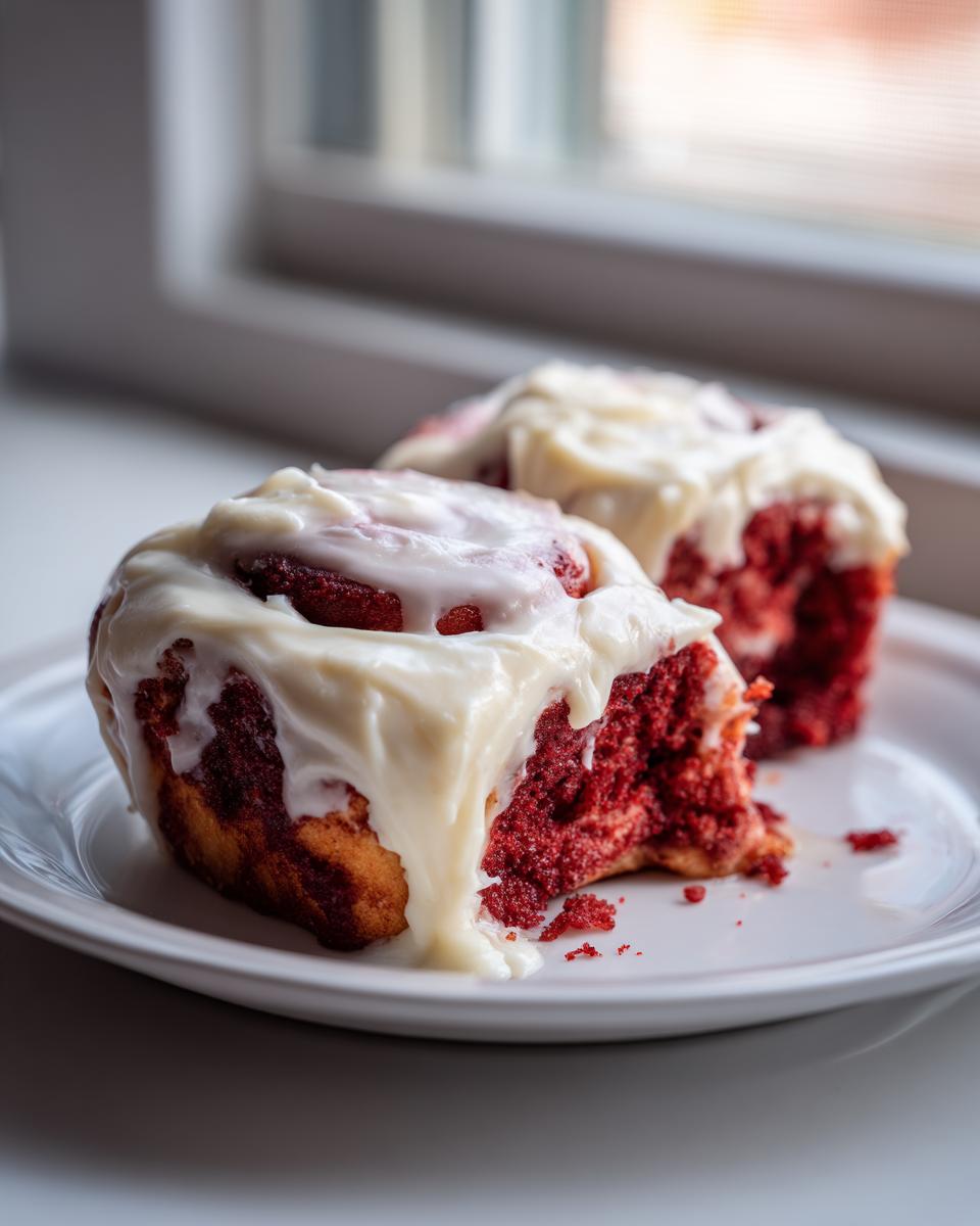 Two decadent red velvet cinnamon rolls covered in thick cream cheese frosting on a white plate.