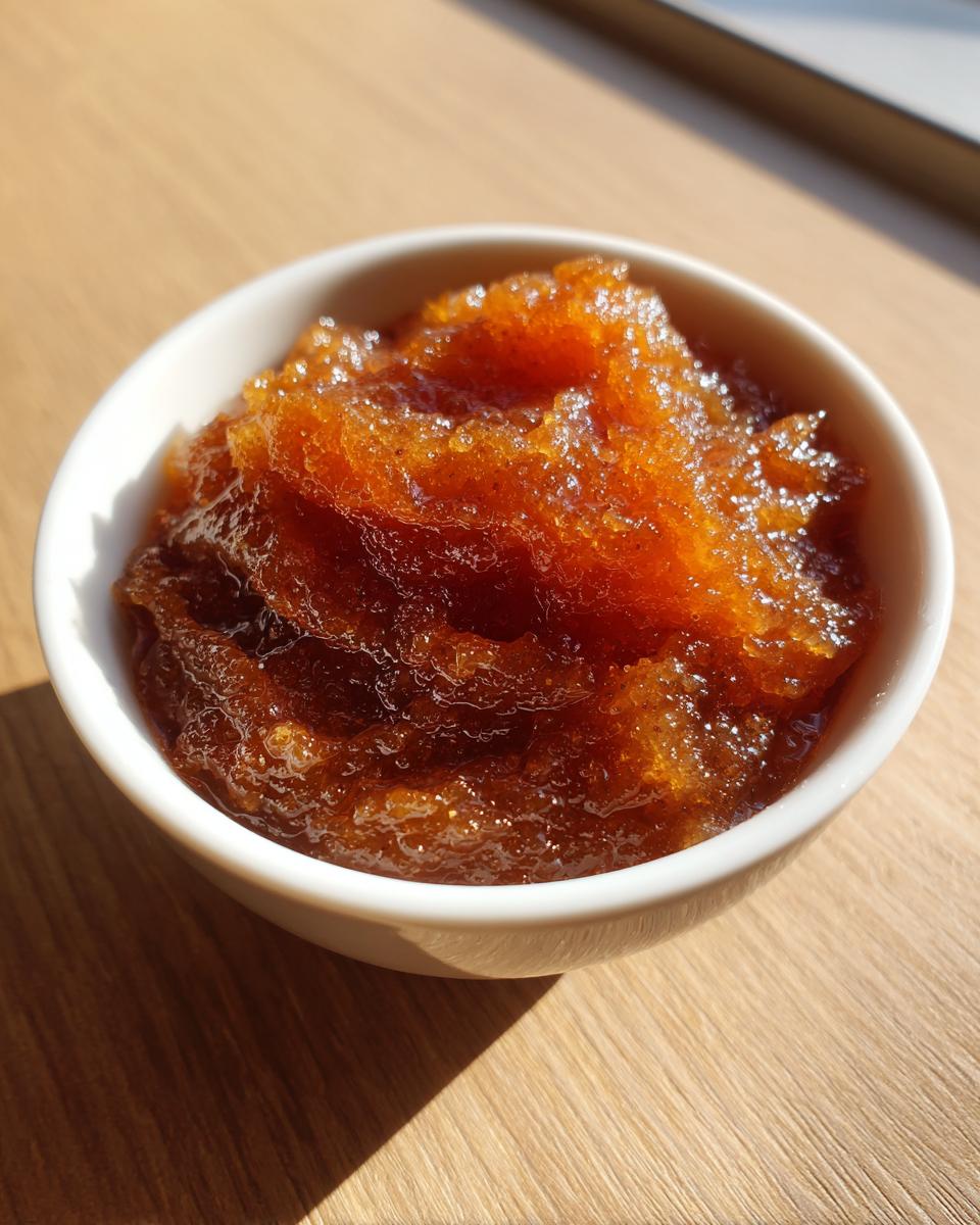 Close-up of thick, rich, amber-colored pear butter served in a small white bowl on a wooden surface.