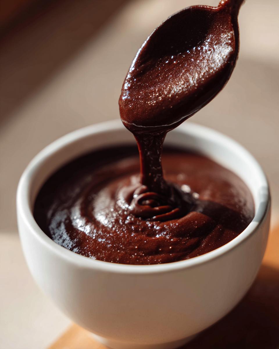A spoonful of thick, glossy chocolate pudding drips back into a white bowl, highlighting its smooth texture.