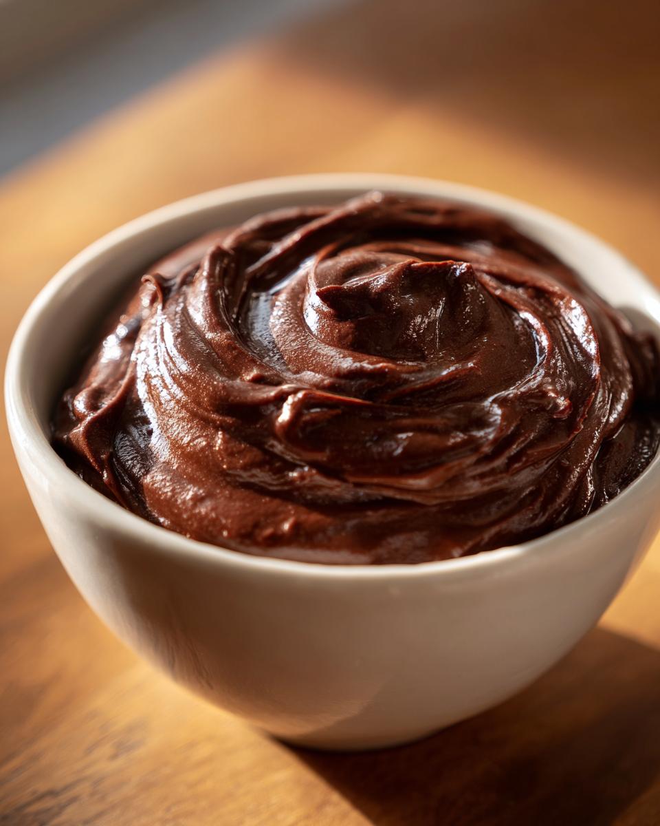 Close-up of rich, dark chocolate pudding with swirls in a white bowl, ready to eat.