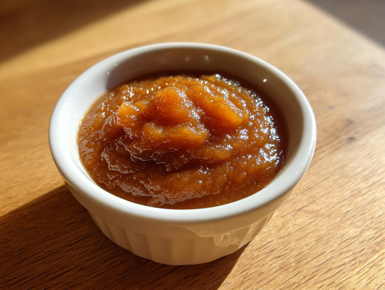 A close-up of thick, rich, brown pear butter served in a small white ramekin on a wooden surface.