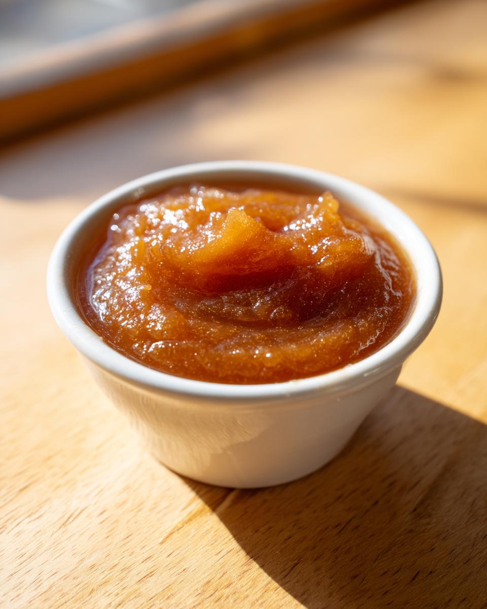 A close-up of thick, rich, brown pear butter served in a small white ramekin on a wooden surface.