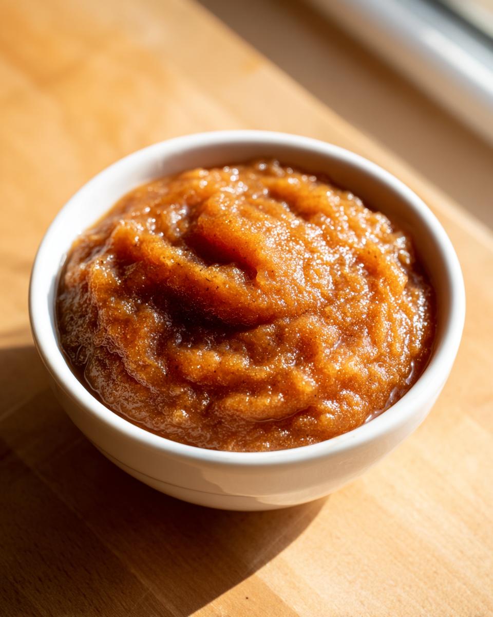 Close-up of thick, richly colored pear butter served in a small white bowl on a wooden surface.