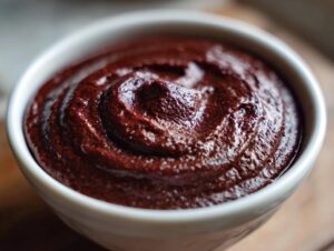 Close-up of thick, dark chocolate pudding swirled beautifully in a small white bowl.