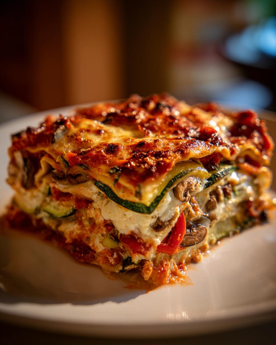 Close-up of a hearty slice of roasted vegetable lasagna showing layers of zucchini, mushrooms, cheese, and browned topping.
