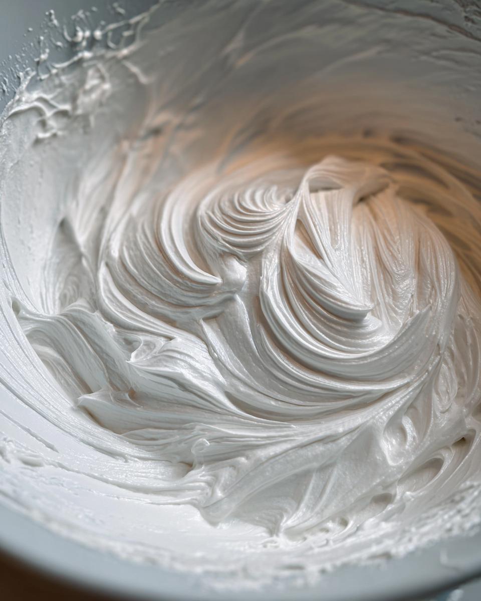 Close-up of stiff, glossy white royal icing recipe mixture being mixed in a bowl, showing beautiful peaks.