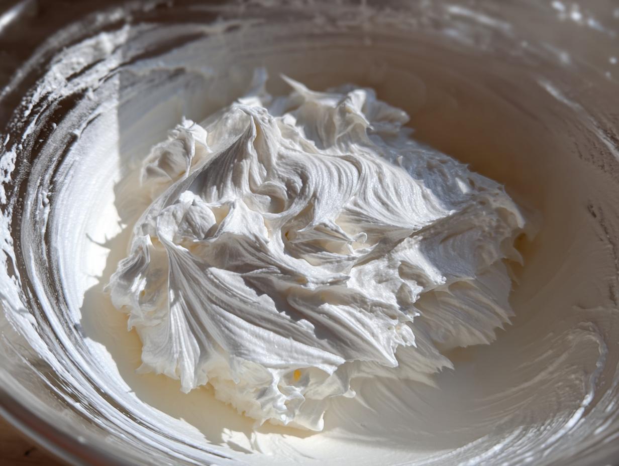 Close-up of stiff, bright white royal icing recipe mixture freshly whipped in a glass bowl.